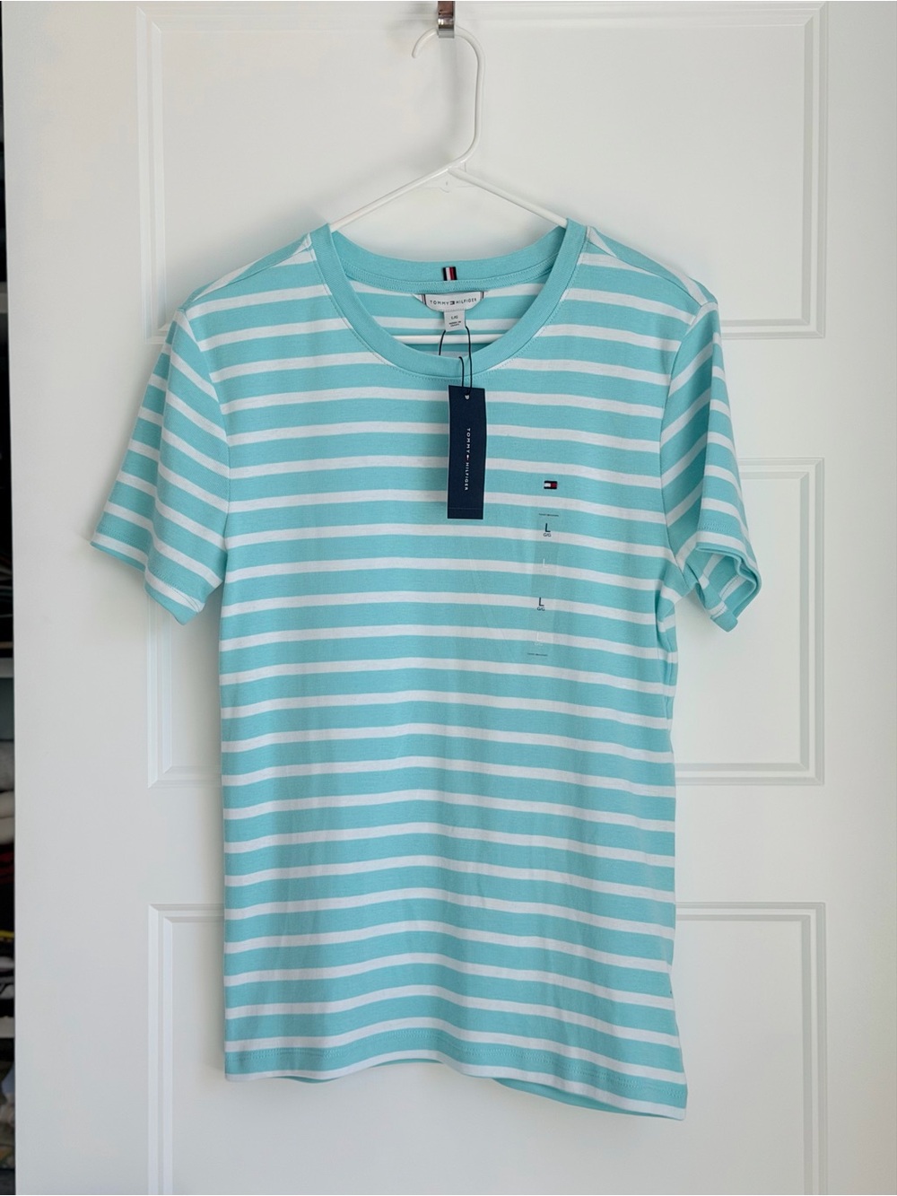 Tommy Hilfiger Women Aqua & White Striped Crewneck Tee